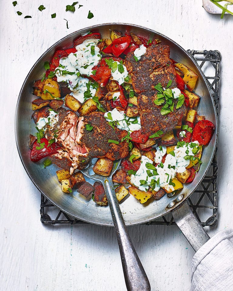 Cajun-style charred salmon with cowboy potatoes