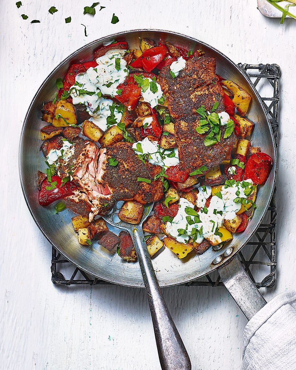 Cajun Style Charred Salmon With Cowboy Potatoes Recipe Delicious Magazine