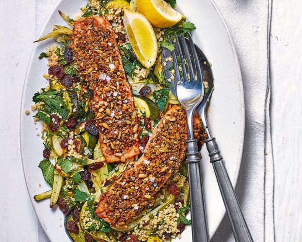Dukkah-crusted salmon fillets with roast fennel, courgette and herb couscous