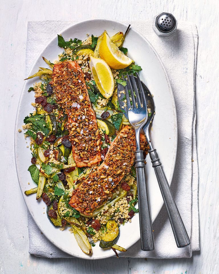 Dukkah-crusted salmon with fennel, courgette and herb couscous