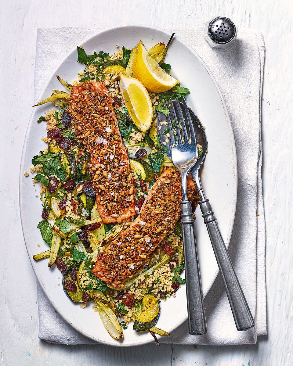 Dukkah Crusted Salmon With Fennel Courgette And Herb Couscous Recipe