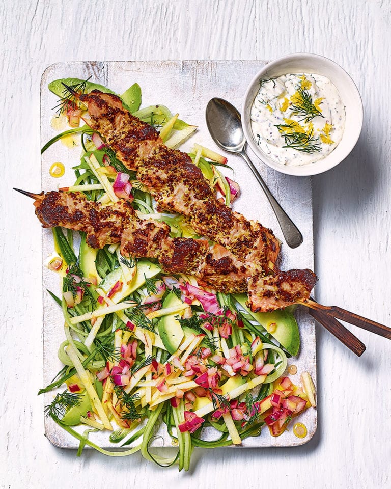 Moroccan spiced salmon kebabs & vegetable skewers