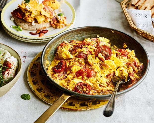 Slow-roasted tomato strapatsada with feta