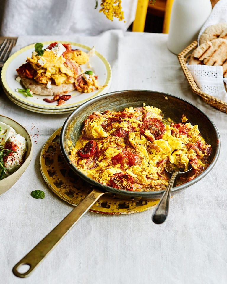 Slow-roasted tomato strapatsada with feta