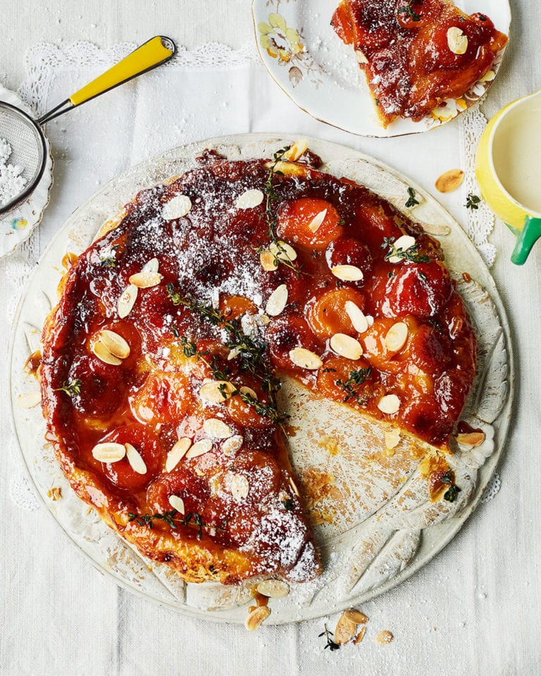 Apricot, almond and thyme tarte tatin