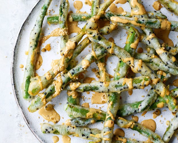 Black sesame tempura asparagus with miso mayo