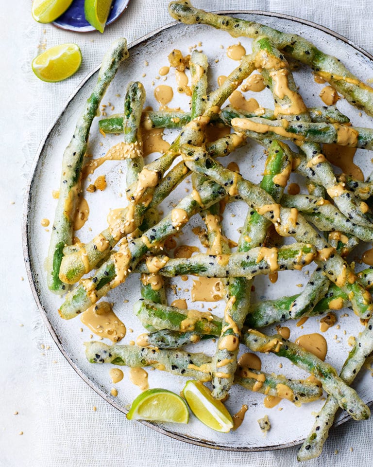 Black sesame tempura asparagus with miso mayo