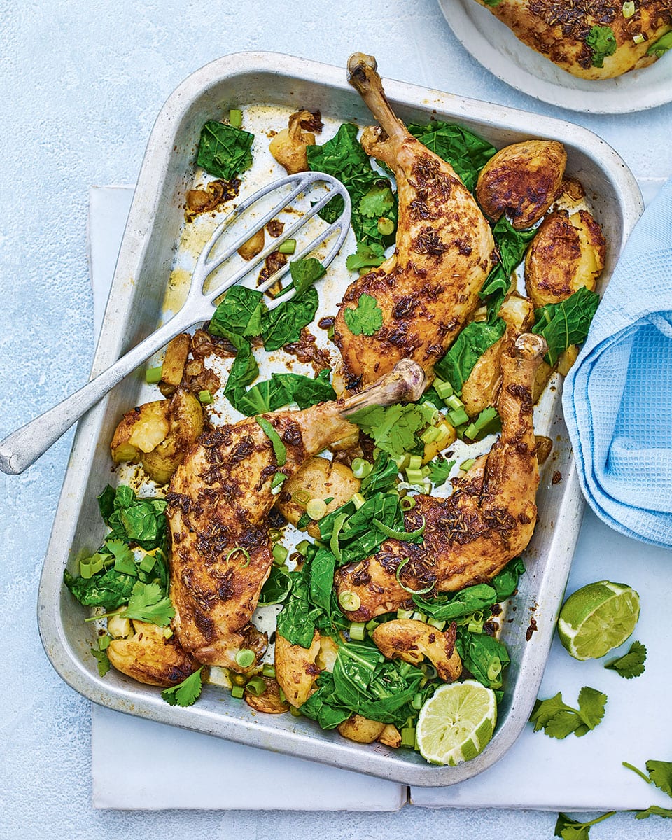 Berbere-spiced chicken, potato and greens traybake recipe | delicious