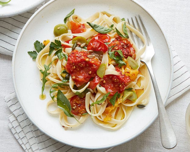 Smoky orange, roasted tomato and olive pappardelle