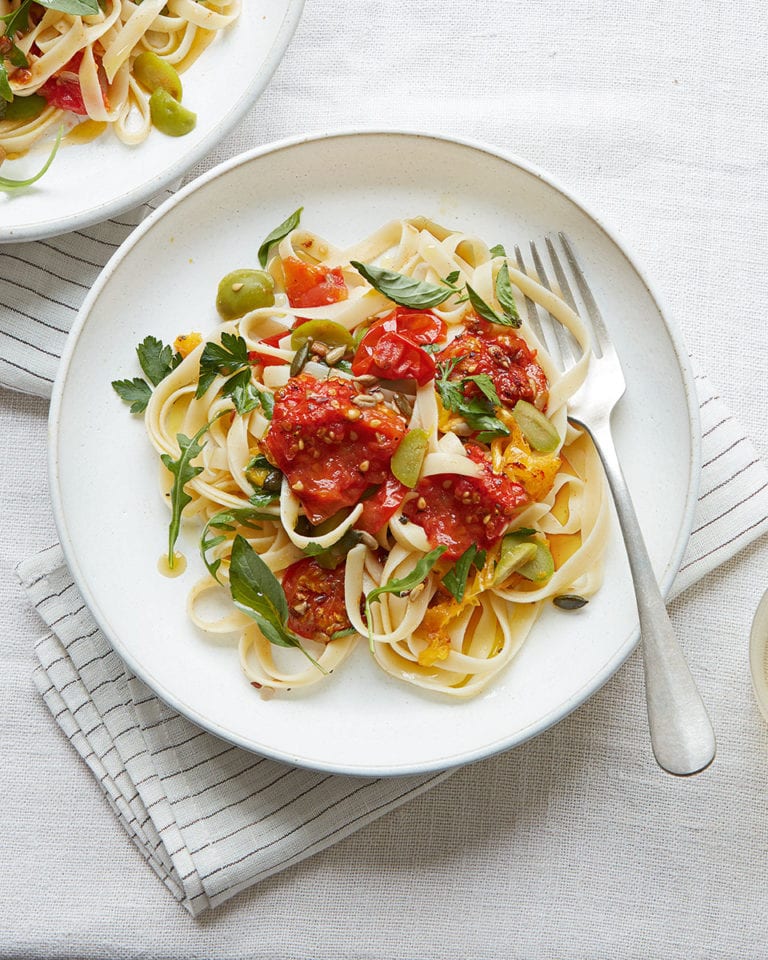 Smoky orange, roasted tomato and olive pappardelle