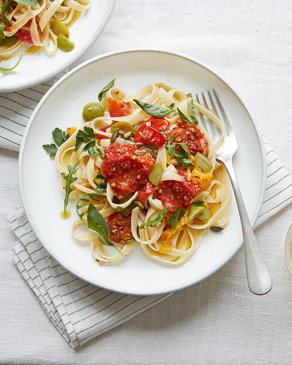 Smoky orange, roasted tomato and olive pappardelle recipe | delicious. magazine