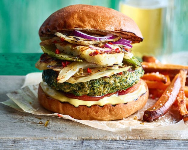 Herby spinach falafel burgers with griddled fennel and halloumi
