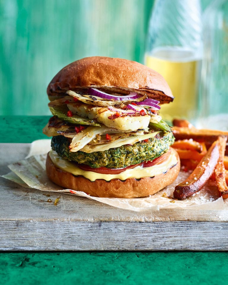 Herby falafel burgers with fennel and halloumi