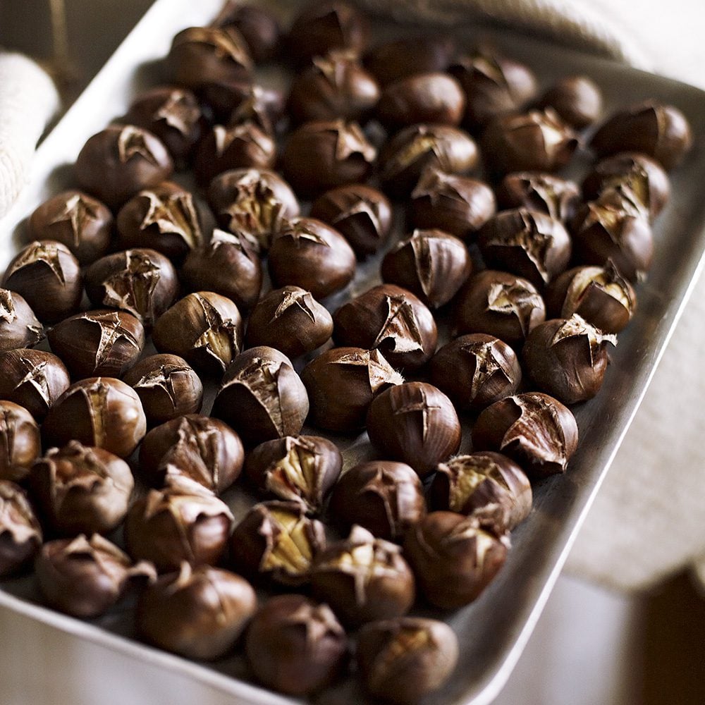 A tray of chestnuts