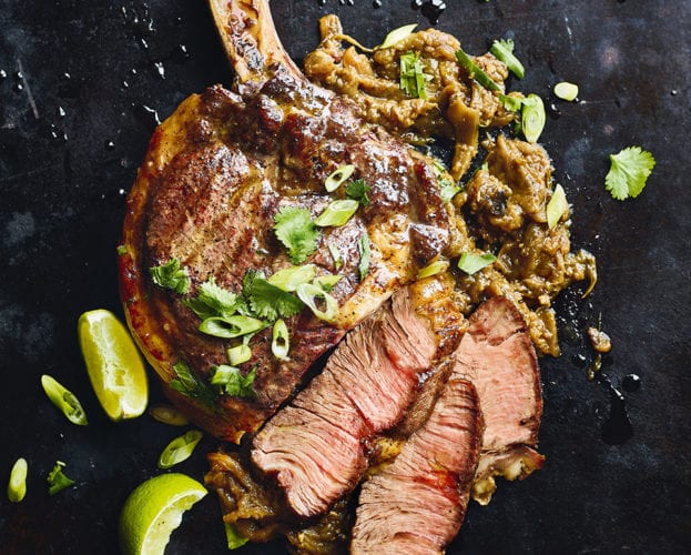 Spicy miso-charred aubergine with rib steak