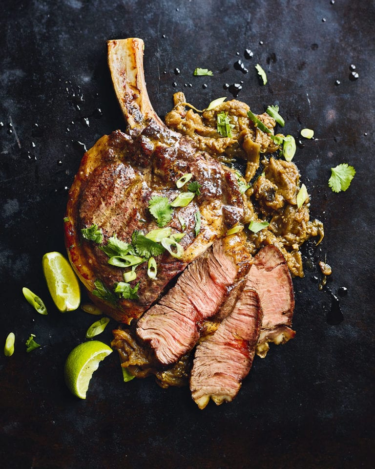 Spicy miso-charred aubergine with rib steak