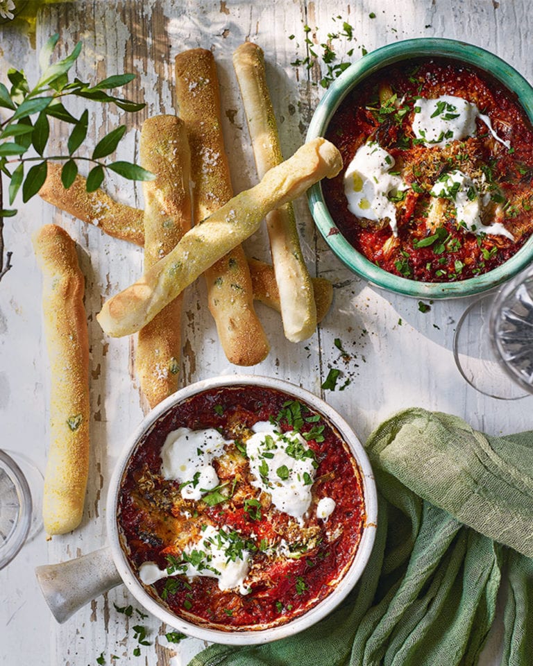 Baked ‘nduja and burrata dip with olive breadsticks