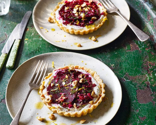 Goat’s cheese, beetroot and hazelnut tarts