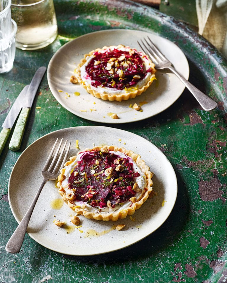 Goat’s cheese, beetroot and hazelnut tarts