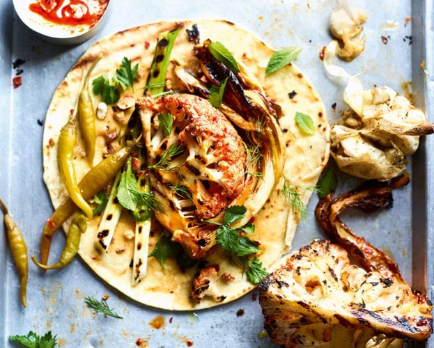 Flame-baked cauliflower kebabs