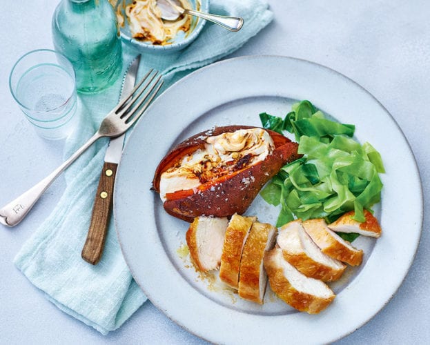 Crispy-skinned chicken breasts with baked sweet potatoes and chipotle cream