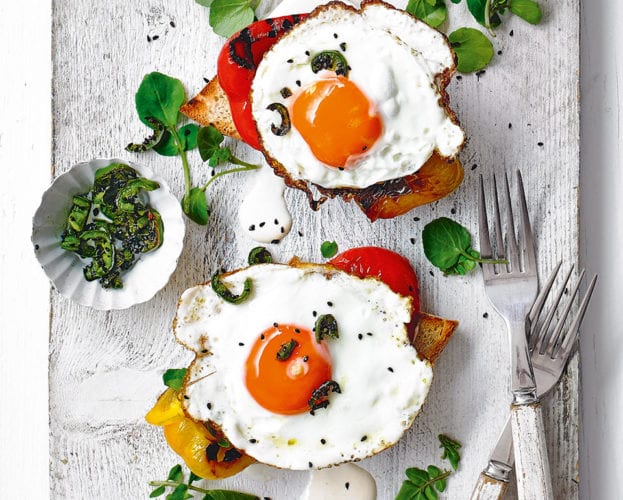 Fried eggs on toast with grilled peppers and aioli
