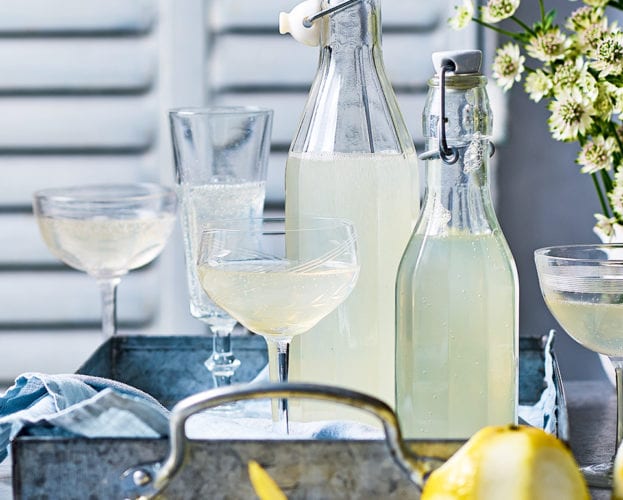 elderflower fizz in bottles and glasses