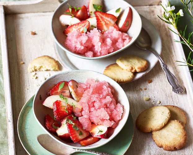 Frosé granita, strawberry and nectarine salad with honey biscuits