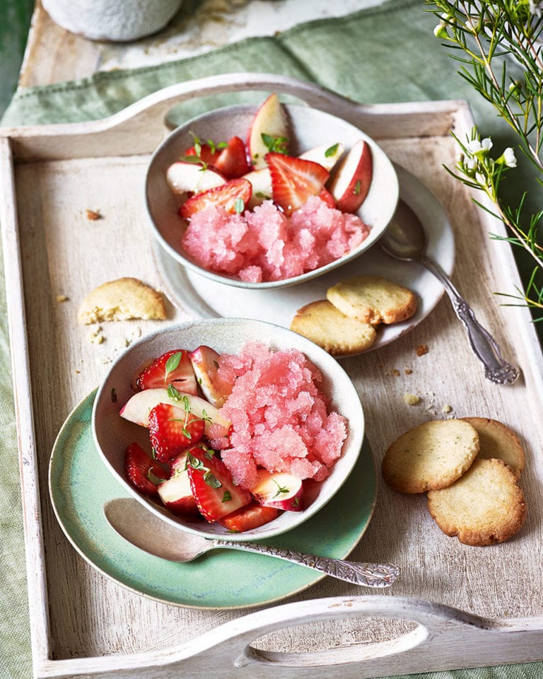 Frosé granita, strawberry salad and honey biscuits