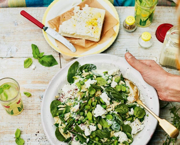 Orzo with broad beans, basil and feta