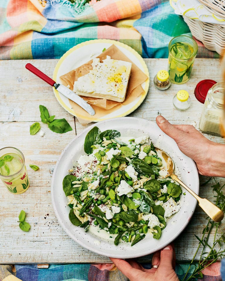 Orzo with broad beans, basil and feta