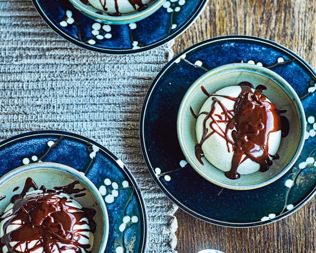 Kefir pannacotta with chocolate caramel sauce