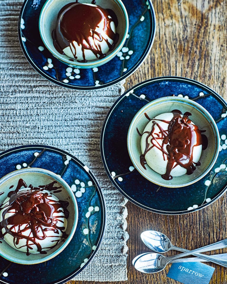 Kefir pannacotta with chocolate caramel sauce