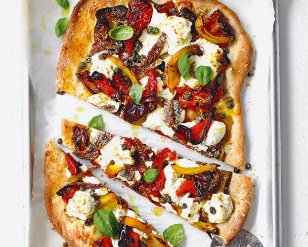 Roast pepper, anchovy and ricotta pizza