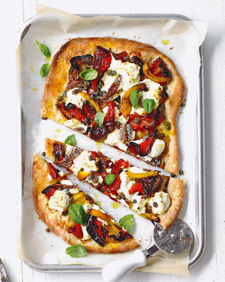 Roast pepper, anchovy and ricotta pizza