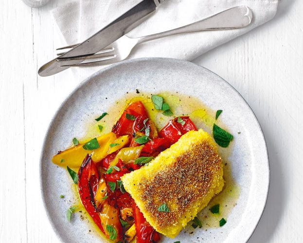 Polenta fish with roasted peppers and orange