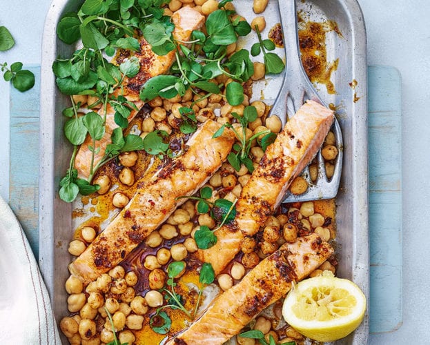 Salmon fillets with ras el hanout butter and chickpeas