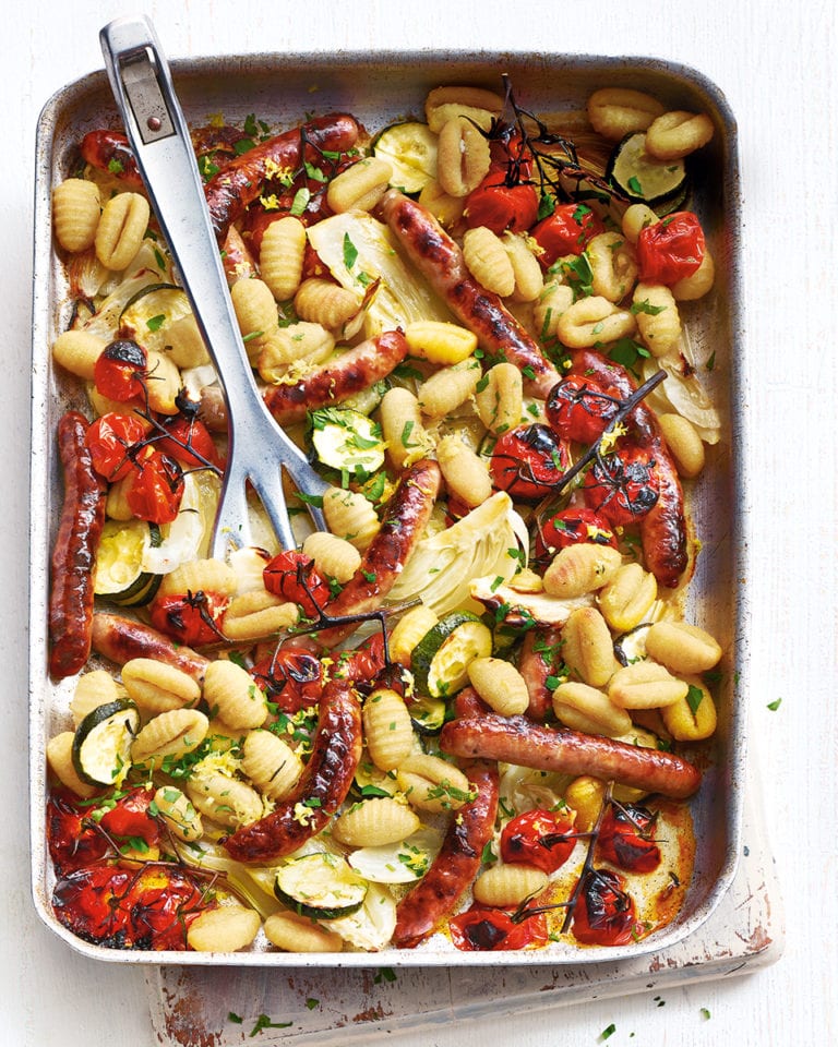 Mediterranean sausage, vegetable and gnocchi traybake