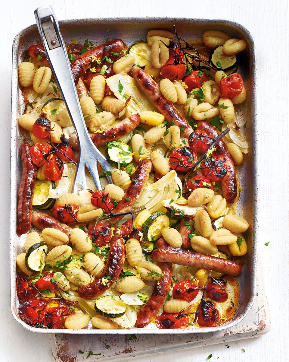 Sausage, vegetable and gnocchi tray bake recipe delicious. magazine