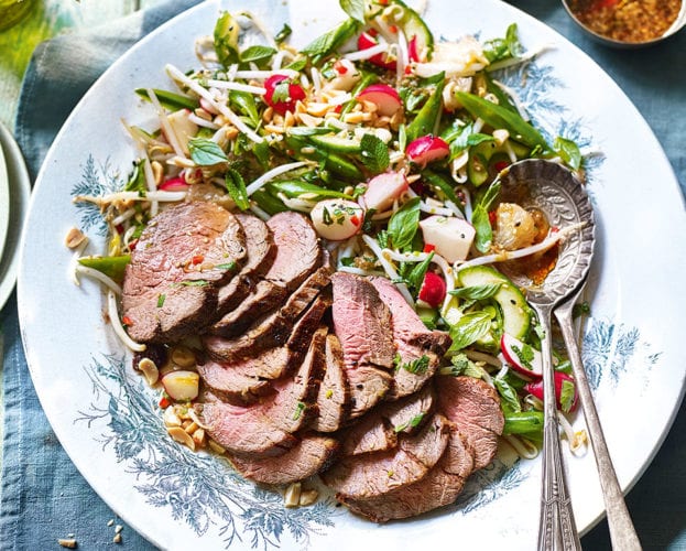 Seared Asian beef fillet with crunchy pomelo salad