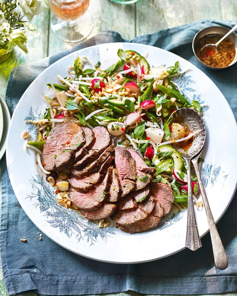 Seared Asian beef fillet with crunchy pomelo salad