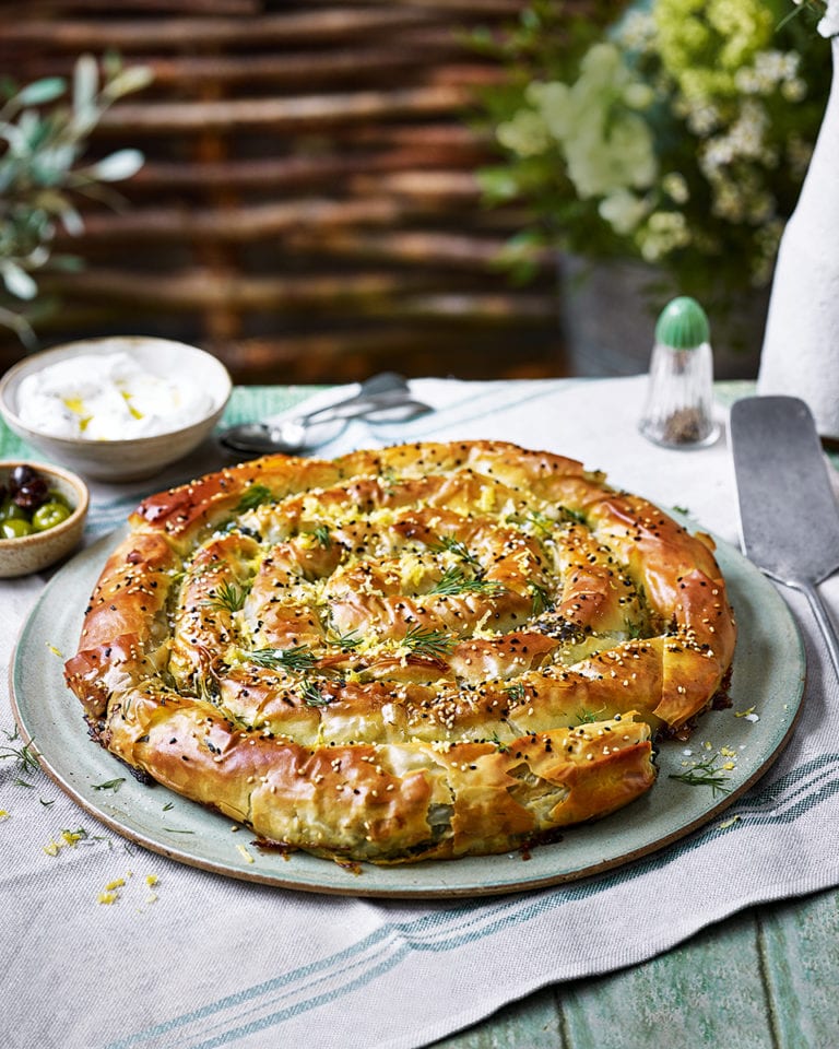 Spinach and feta filo swirl pie