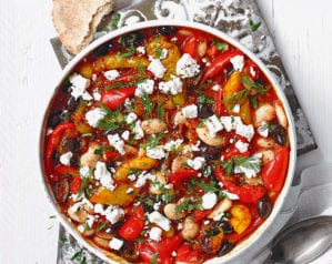 Harissa-spiced butter beans with peppers and feta