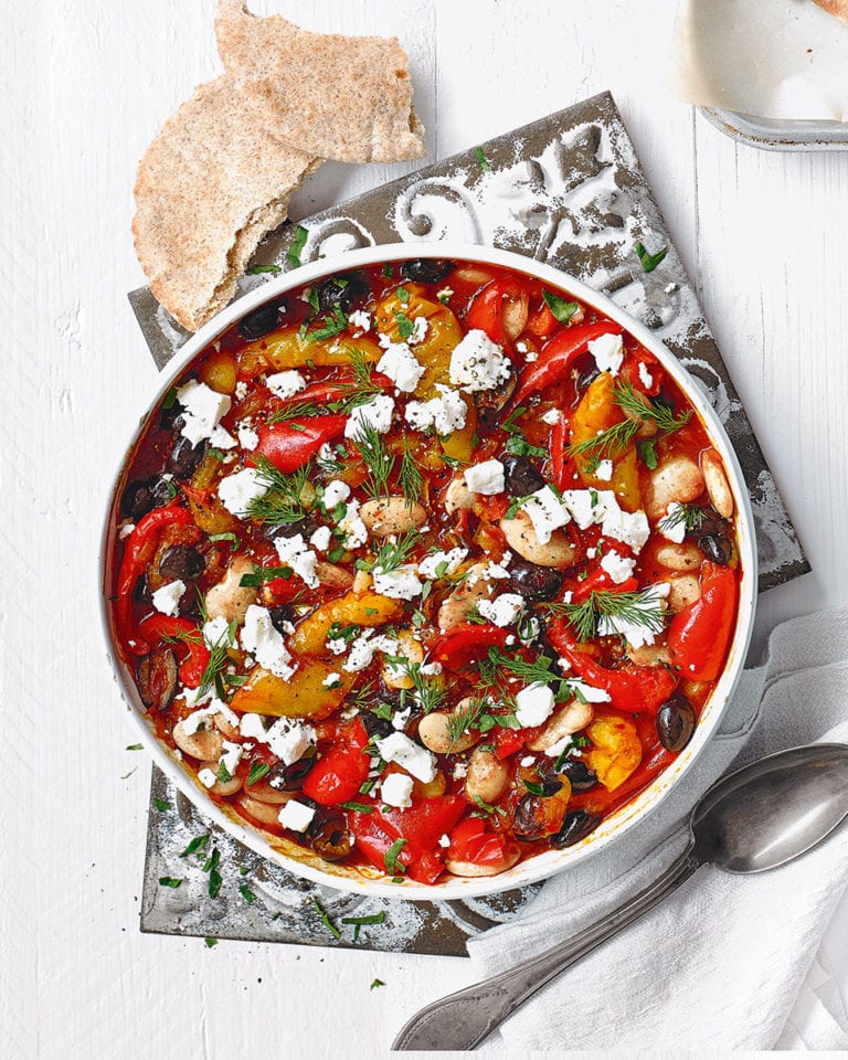 Harissa-spiced butter beans with peppers and feta