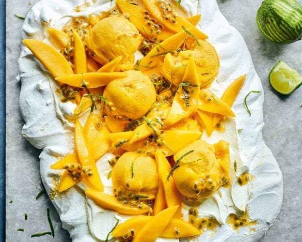 Vegan coconut and mango pavlova