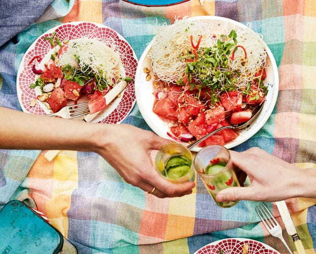 Crispy noodle, watermelon and peanut salad
