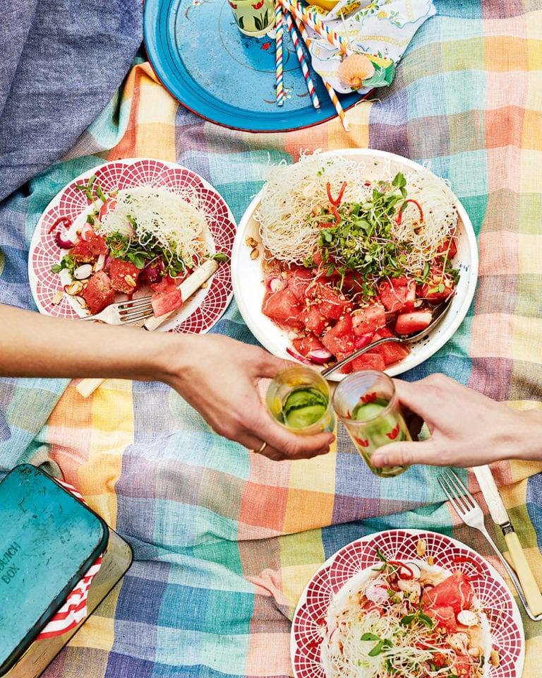 Crispy noodle, watermelon and peanut salad