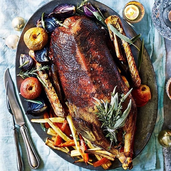 Roast goose with apples and stuffing