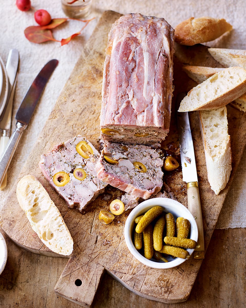 Duck, pork belly and green olive terrine recipe delicious. magazine