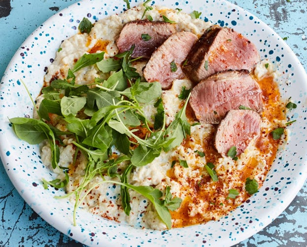Lamb with smoky aubergine labneh